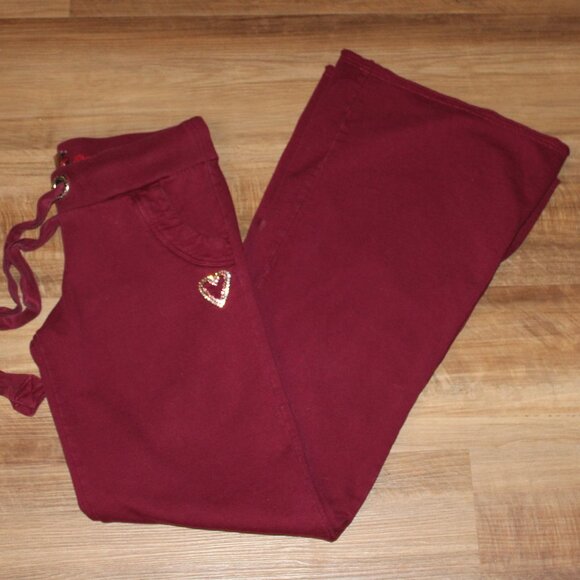 TWISTED HEART Size P-SM Burgundy Wine Rhinestone Heart Wide Leg Sweatpants - Picture 1 of 10